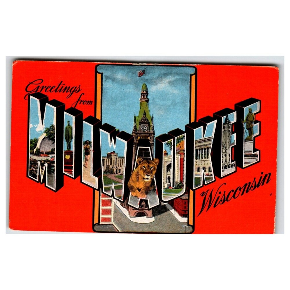 Greetings from Milwaukee Wisconsin Large Letter Linen Postcard City Views Lion